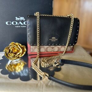 Coach Black and Tan Crossbody Bag with Gold Accents